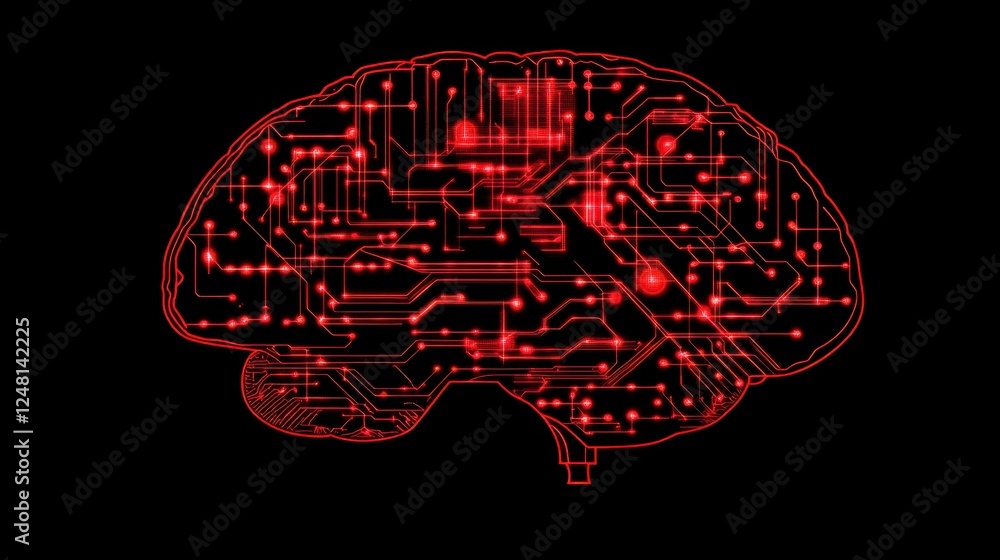 Poster neural connections illuminated in red glow showcasing the fusion of technology and human cognition i