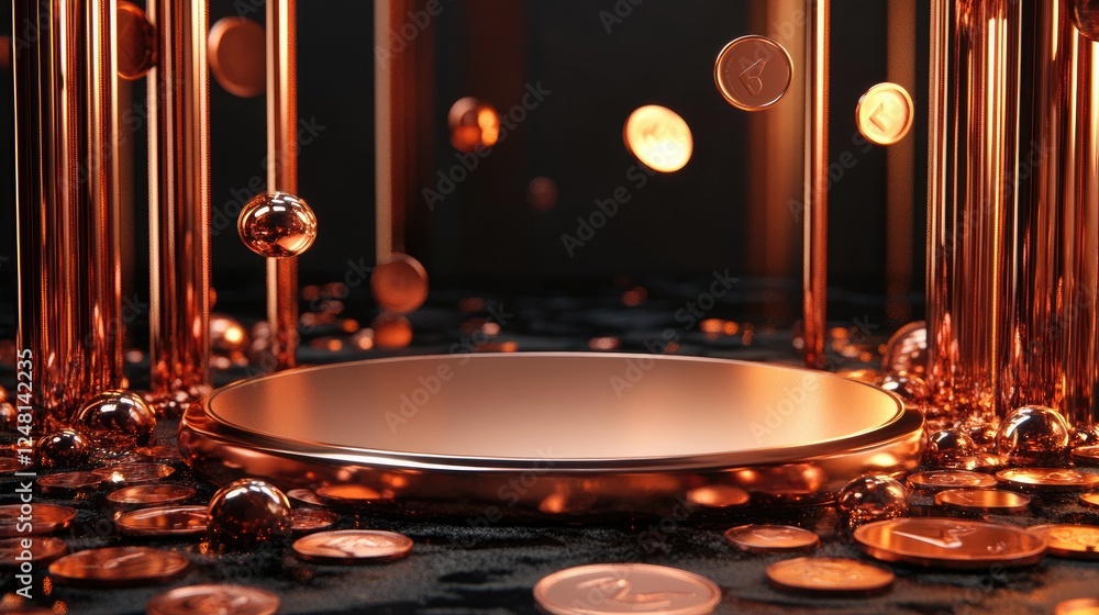 Poster a podium surrounded by copper coins and ruby-red stones, offering an empty space for showcasing luxu