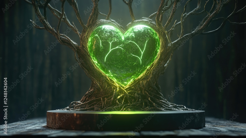 Poster a powerful green heart glowing in the roots of an ancient tree, radiating energy through the branche