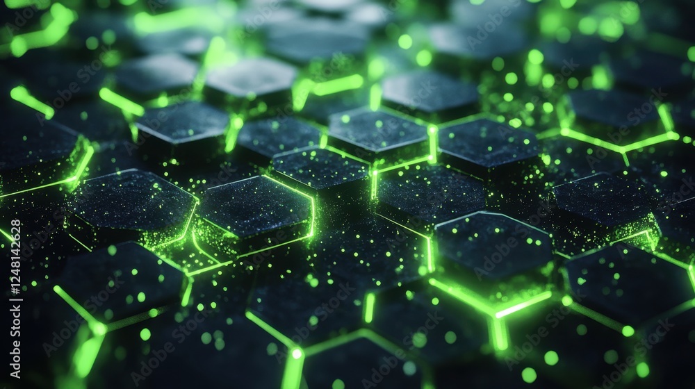 Aufkleber illuminating hexagonal patterns create a mesmerizing visual display of glowing green light in a dark