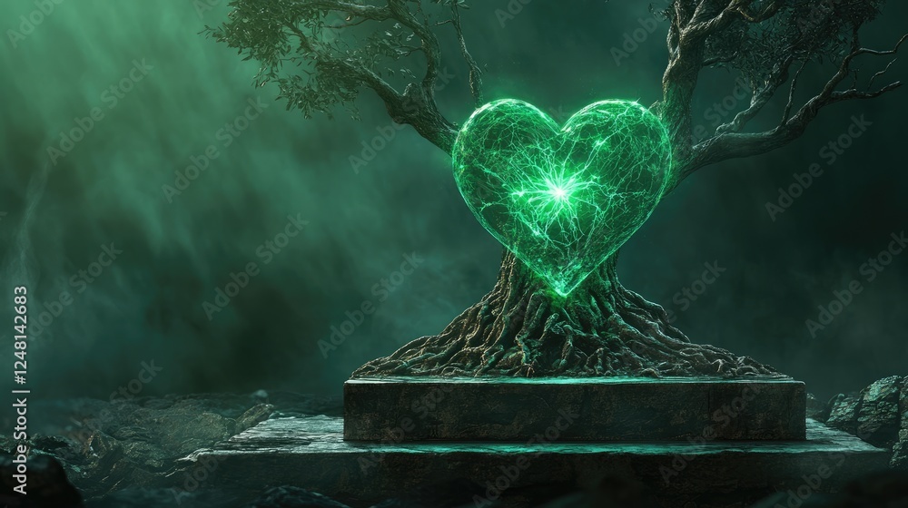 Poster a powerful green heart glowing in the roots of an ancient tree, radiating energy through the branche
