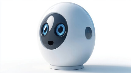 friendly, futuristic AI powered chatbot with round, white design and expressive blue eyes, symbolizing advanced technology and innovation