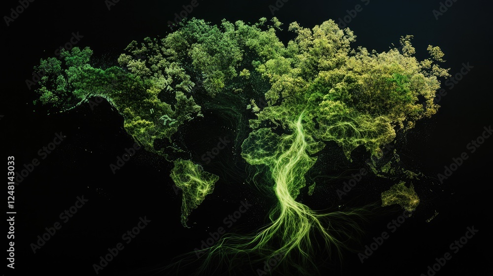 Aufkleber a powerful tree with roots spreading across continents, symbolizing shared resources, unity, global 