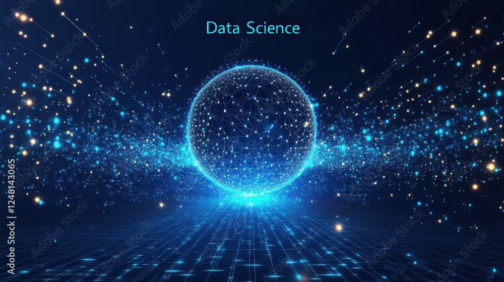 Poster exploring the intricate connections of data science in a vibrant digital cosmos filled with light an
