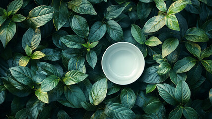 Empty bowl among lush green leaves, top view.