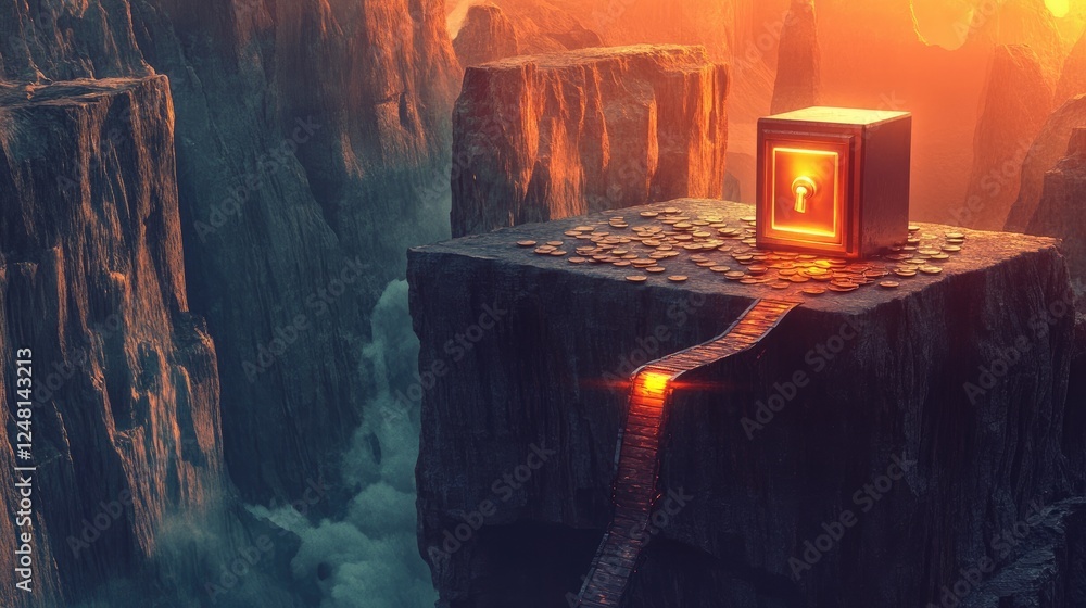 Poster a precarious path over a canyon, with coins on one side and a glowing safe on the other, symbolizing