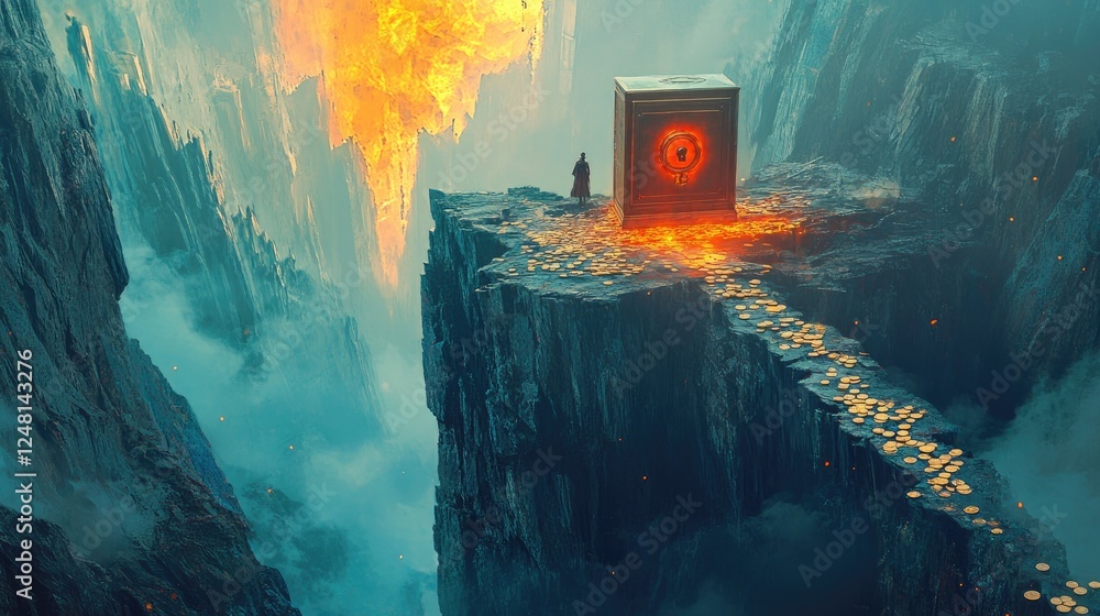 Poster a precarious path over a canyon, with coins on one side and a glowing safe on the other, symbolizing
