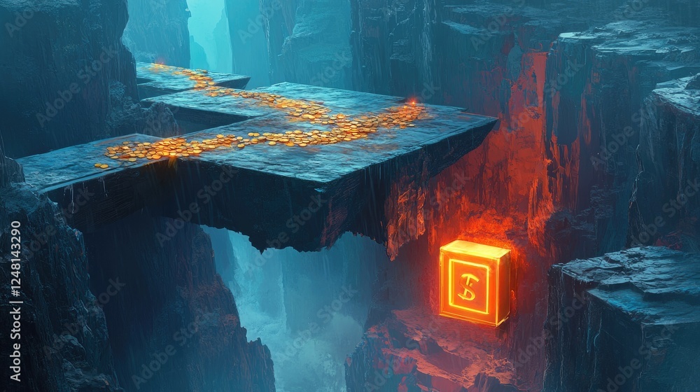 Poster a precarious path over a canyon, with coins on one side and a glowing safe on the other, symbolizing