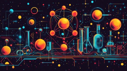 Colorful representation of atoms and molecules in an abstract science artwork