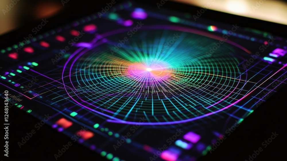 Poster A radar chart displayed on a digital screen with intricate grid lines, showcasing comparative analysis of multiple variables, emphasizing clarity and interpretability of complex data.