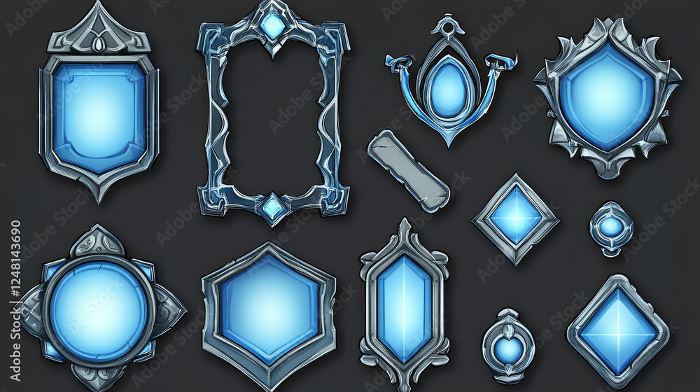 Poster silver game frames, medieval ui borders. round, hexagon and rhombus textured gui elements with ornat