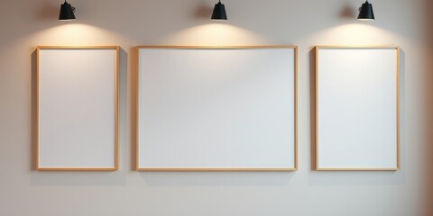 Modern minimalist interior design featuring three blank picture frames with subtle lighting