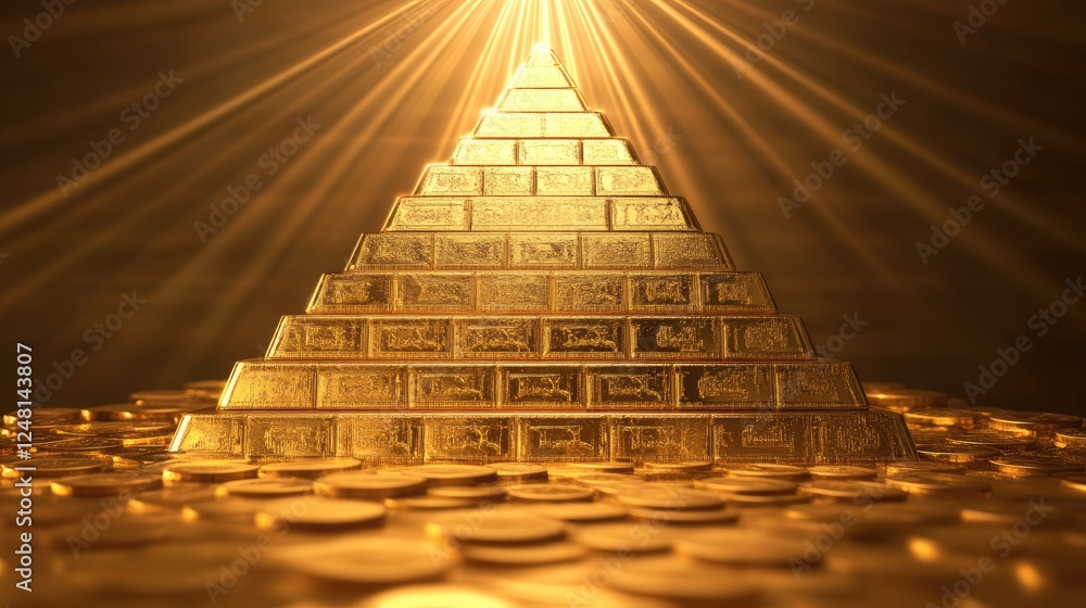 Poster a radiant golden pyramid of coins and bars, with beams of light shining from the top, symbolizing ac