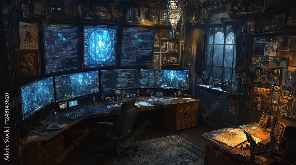 Poster intricate cyberpunk command center with multiple screens and dark ambiance