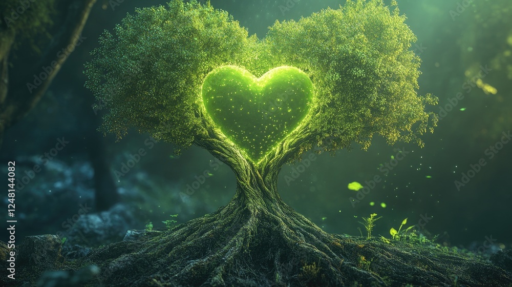 Poster a radiant green heart within the roots of a timeless tree, pulsing with energy, symbolizing nature v