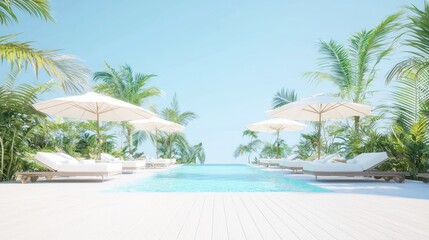 Sunlit Terrace at Resort with Pool and Lounge Chairs Under Umbrellas