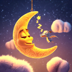 3D cartoon style, A glowing, golden crescent moon hanging in the starry sky. A tiny Pterodactyl is flying near it, looking sleepy, while fluffy clouds drift by. The scene feels warm and peaceful