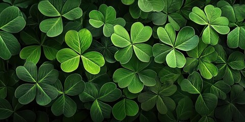 A close-up view of lush green shamrock clovers creates a festive atmosphere for St. Patrick&rsquo;s Day, highlighting the beauty of nature and cultural celebration