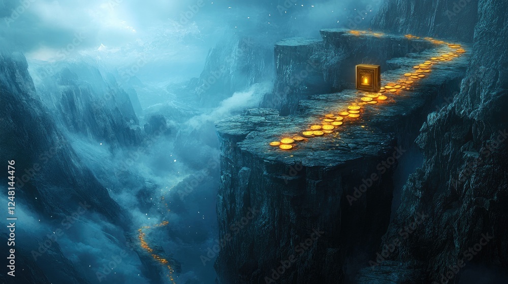 Poster a risky path over a vast canyon, with glowing coins on one end and a glowing safe on the other, symb