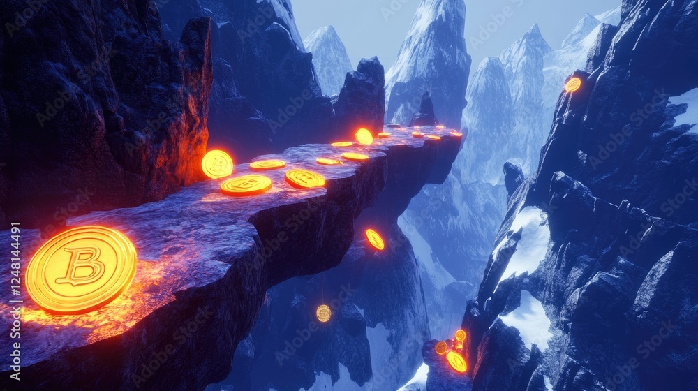 Poster a risky path over a vast canyon, with glowing coins on one end and a glowing safe on the other, symb