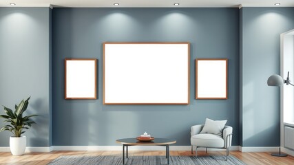 Modern minimalist living room interior with empty picture frames and comfortable armchair