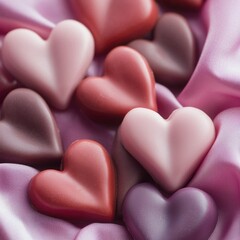 Fototapeta premium Macro view of tiny heart-shaped sweets in rich hues of pink, red, and lavender, layered on a silky background for a romantic theme