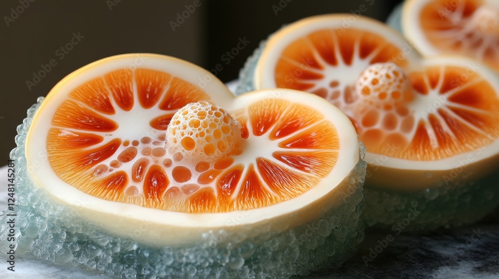 Poster brightly colored sliced fruit showcasing intricate patterns and textures on a smooth surface in a co