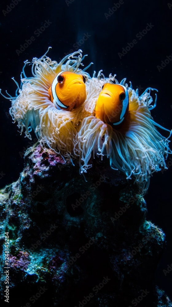 Poster In the depths of a tranquil ocean, two clownfish reside within a soft and inviting anemone, illuminated by the blue backdrop