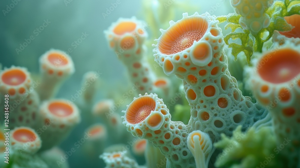 Poster exploring the vibrant underwater world of coral structures illuminated by soft sunlight casting ench