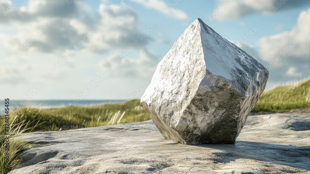 Poster A rugged boulder with a sharp triangular stone, serving as a unique pedestal for presenting a cosmetic product in a natural setting.