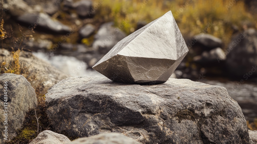 Poster A rugged boulder with a sharp triangular stone, serving as a unique pedestal for presenting a cosmetic product in a natural setting.