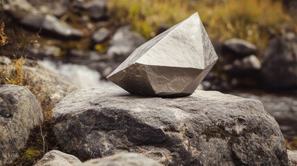 A rugged boulder with a sharp triangular stone, serving as a unique pedestal for presenting a cosmetic product in a natural setting.