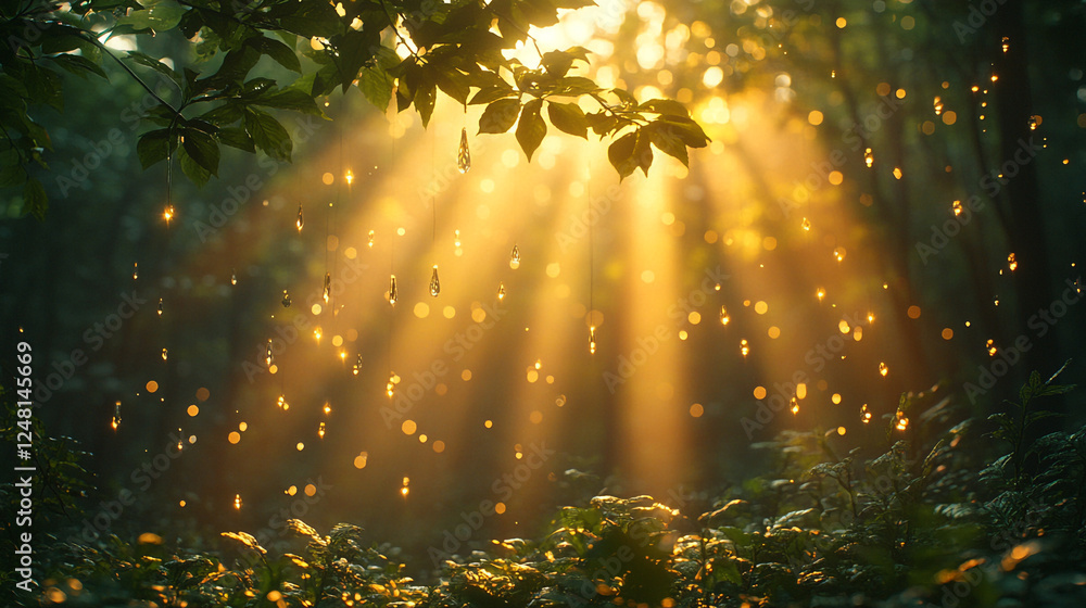 Poster sunlight filters through trees creating a glowing atmosphere in a serene forest setting