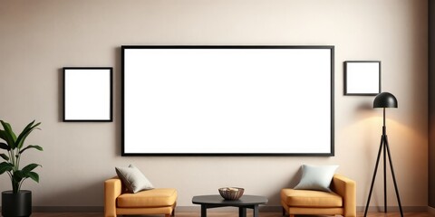 Modern Living Room Interior with Blank Frames and Stylish Floor Lamp