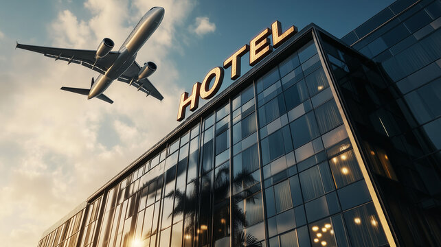 Travel concept image. An airplan flying over the modern hotel building