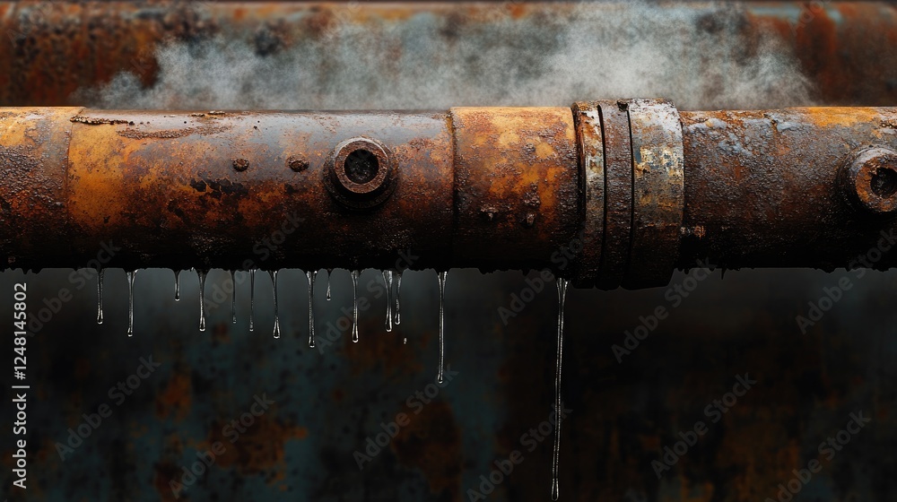 Poster a rusty, leaking pipe with steam and dripping water in an industrial environment, symbolizing the ne