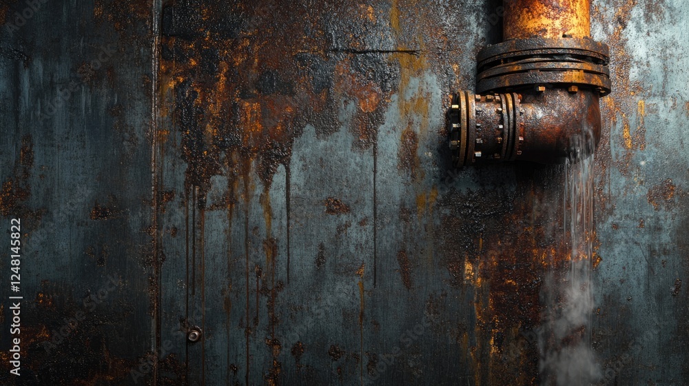 Poster a rusty, leaking pipe with steam and dripping water in an industrial environment, symbolizing the ne