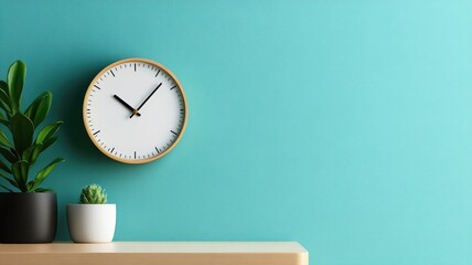 Minimalist clock on turquoise wall above wooden shelf with potted plants