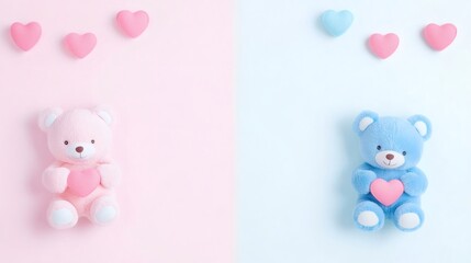 Obraz premium Cute teddy bears on pastel background with heart decorations, perfect for a children's celebration or a sweet surprise