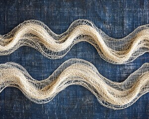 Organic twine fibers displayed in artistic wave forms on a textured navy background, suitable for creative design and DIY inspirations