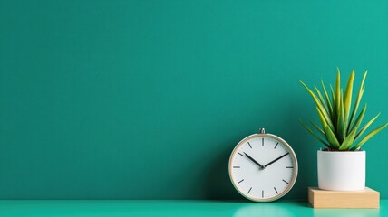 Minimalist desk setup with clock and houseplant against green background