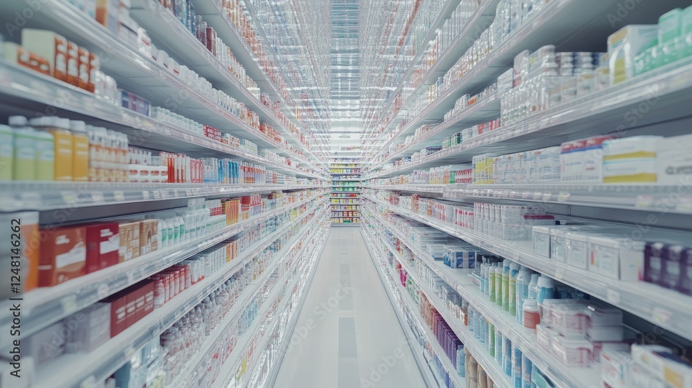Poster a seemingly endless row of store shelves, creating a labyrinth of products, symbolizing the cycles o