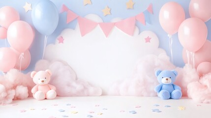 Colorful celebration setup with balloons and teddy bears in a cheerful environment for a special occasion