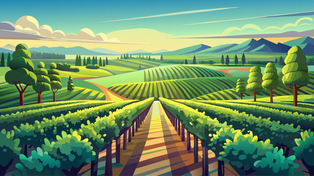 Vast green grape vineyard landscape under soft morning light with endless rows of grapevines and blue sky creating a serene agricultural setting