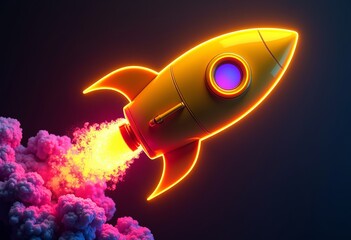 Hyper-Realistic Futuristic Neon Rocket: Glowing Yellow & Pink with Flying Dollars and Smoke on Black Background, High-Detail Illustration for Sci-Fi and Finance Themes. Perfect for Posters, Wallpapers
