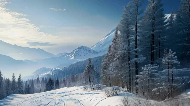 Stunning winter landscape with snow covered mountains and serene atmosphere