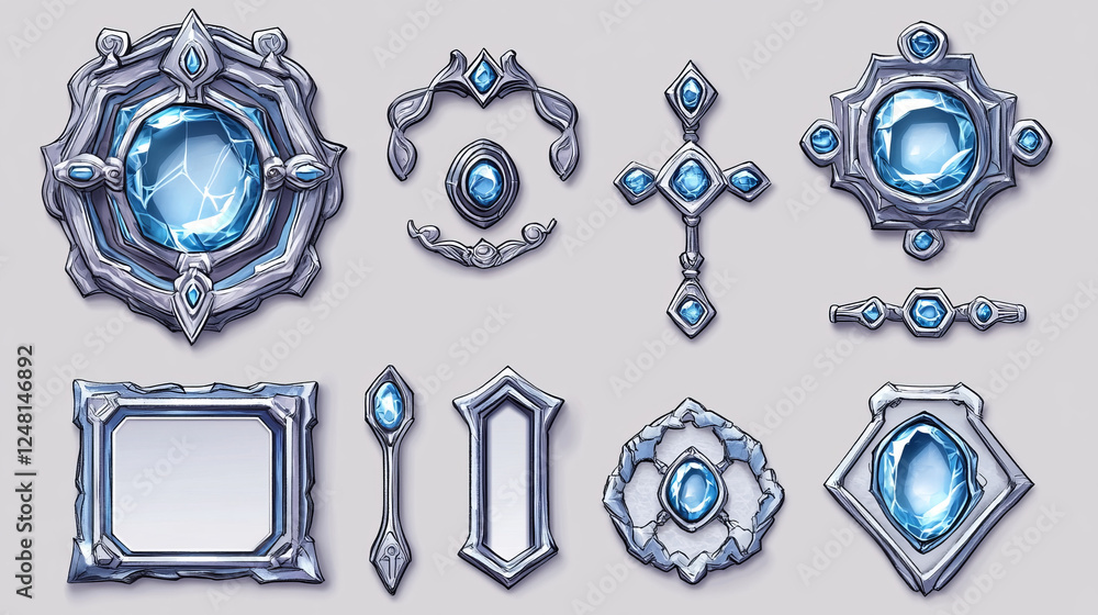 Poster silver game frames, medieval ui borders. round, hexagon and rhombus textured gui elements with ornat