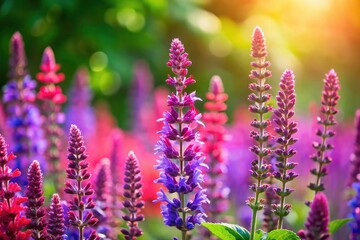 Obraz premium Bright blue, purple, and pink Salvia Viridis flowers are easy to grow, offering summer-long color and attracting beneficial pollinators to your garden.