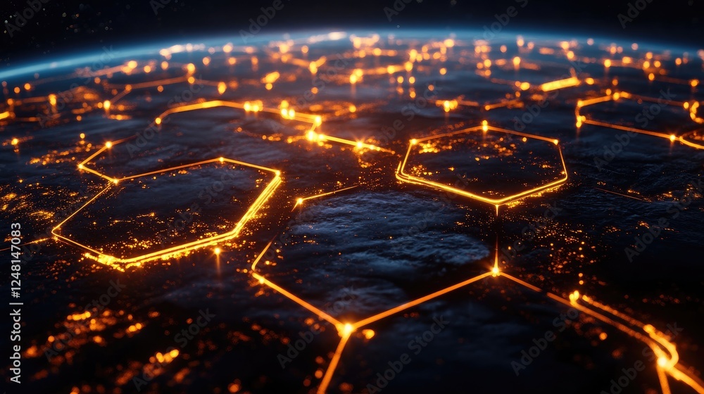 Poster A series of glowing, pulsating hexagons interlocked together, symbolizing the core components of technology and innovation driving infrastructural development and growth.