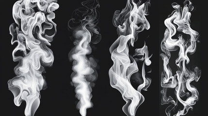 Set of white smoke texture. Pattern isolated on black background. Vector template.